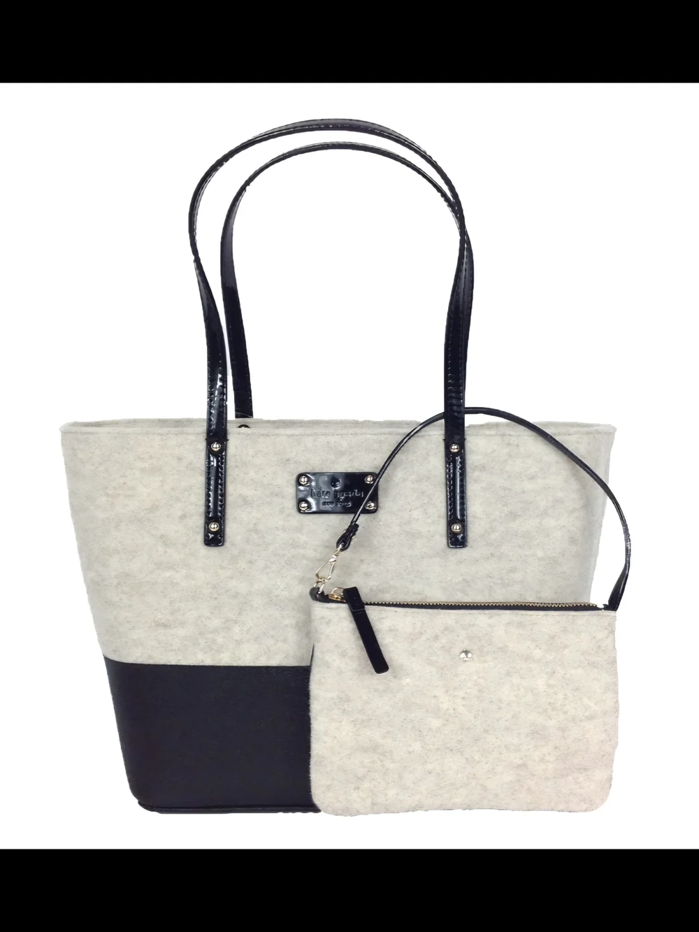 Kate Spade Frosted Felt Small Harmony Tote & Wristlet Set Oatmeal / Black NWOT